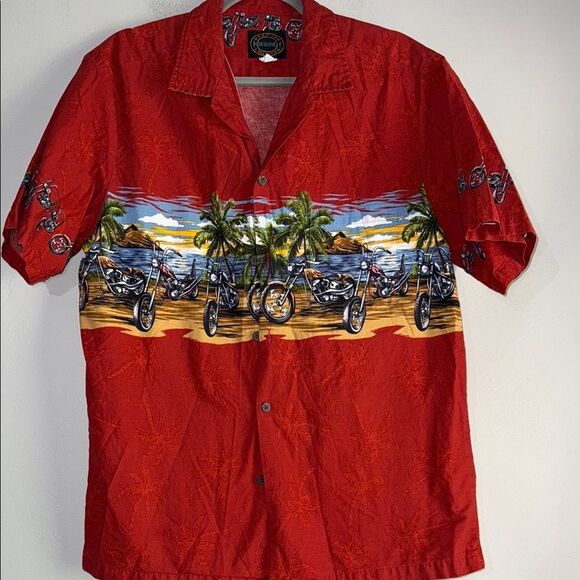 Vibrant Red Shirt with Beach and Motorcycle Design - Picture 1 of 12